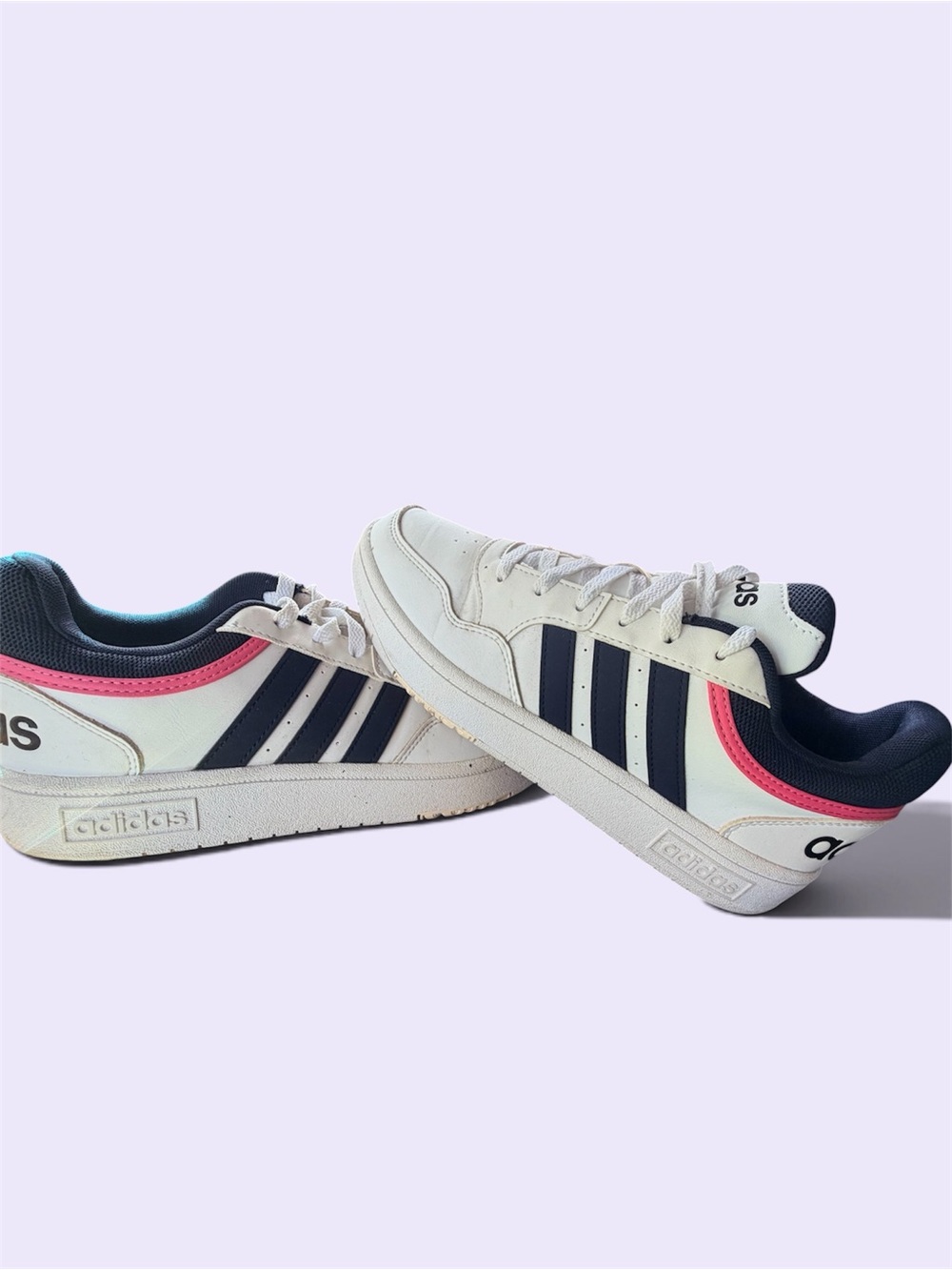 Adidas women’s White & Navy Retro Court Sneakers with Pink Accent